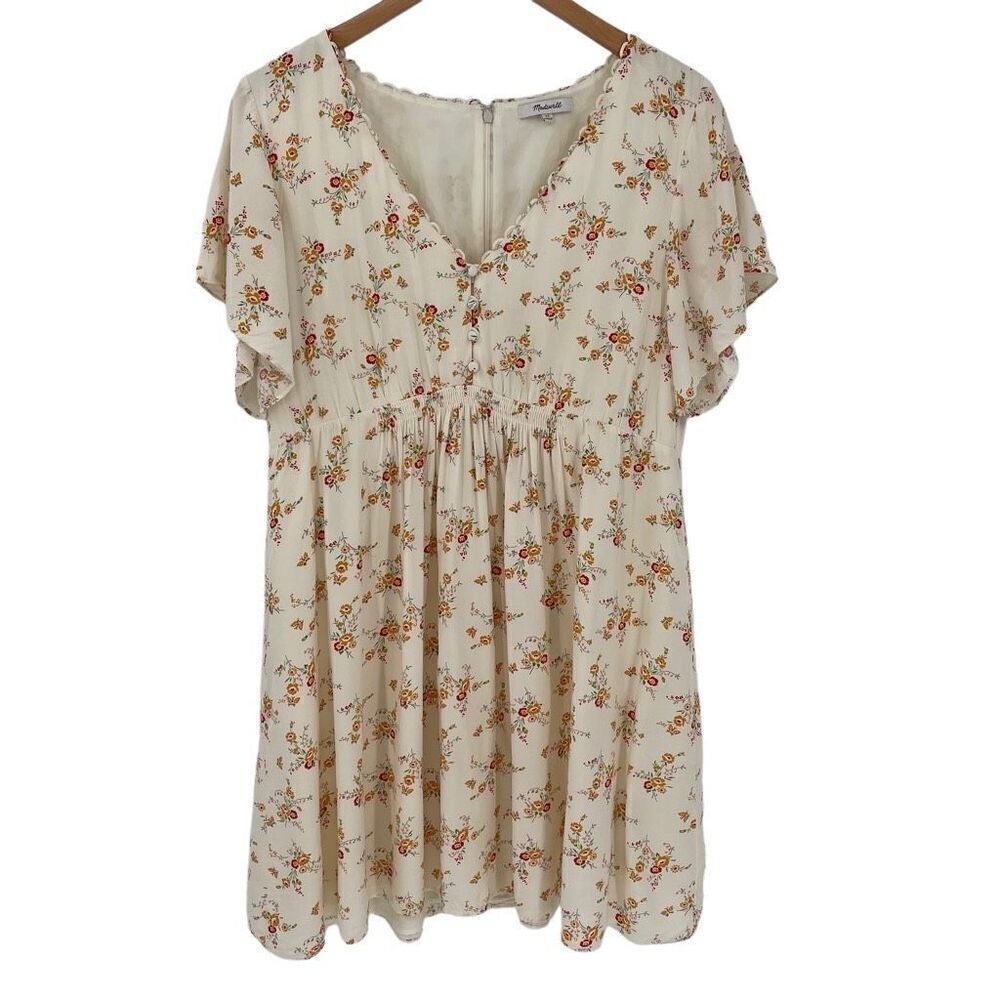 Madewell Loop Trim Mini Dress Short‎ Sleeve Windowpane Floral Cream Women 12